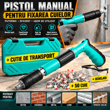 Pistol Manual Pentru Fixarea Cuielor Pe Perete Lungime 30 cm, Calibru 7.3 cm, Pneumatic + Accesorii + Ochelari De Protectie + Cutie Transport + Set 50 Cuie CADOU