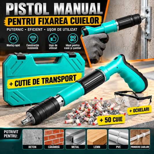Pistol Manual Pentru Fixarea Cuielor Pe Perete Lungime 30 cm, Calibru 7.3 cm, Pneumatic + Accesorii + Ochelari De Protectie + Cutie Transport + Set 50 Cuie CADOU