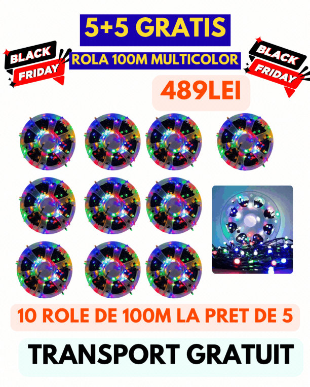 5+5 GRATIS: Instalatie De Craciun, Tip Rola, Cu 1000 LED-uri Mari, Interior sau Exterior, Rezistenta La Vreme Rea, 100 m, Multicolor + Transport GRATUIT