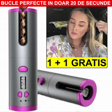 1+1 GRATIS: Ondulator Automat Fara Fir, Ceramic, Cu Afisaj LCD, Functie Power Bank, Temperatura Reglabila, Mov