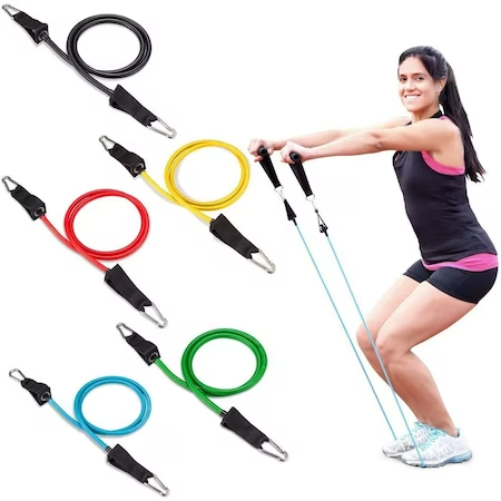 Set 11 bucati extensor fitness cu corzi elastice latex, manere, ancora usa si curele pentru glezna