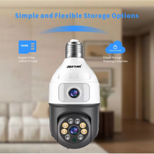 Camera Inteligenta De Supraveghere, cu 2 Lentile,  Tip Bec, Conexiune Wifi, Aplicatie Telefon si Microfon Incorporat + Card 32GB Cadou