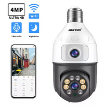 Camera Inteligenta De Supraveghere, cu 2 Lentile,  Tip Bec, Conexiune Wifi, Aplicatie Telefon si Microfon Incorporat + Card 32GB Cadou