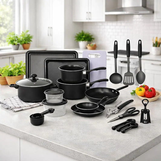 Set 22 Ustensile Bucatarie Premium Steel Pro 3 ,Tigai,Oale,Tocatoare,Tavi,Tacamuri,Wok + 1x Foarfeca CADOU
