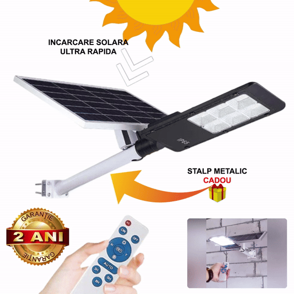 Lampa Solara Cu Stalp Metalic, Iluminare Puternica, 300W,  Control Din Telecomanda, Rezistent La Intemperii