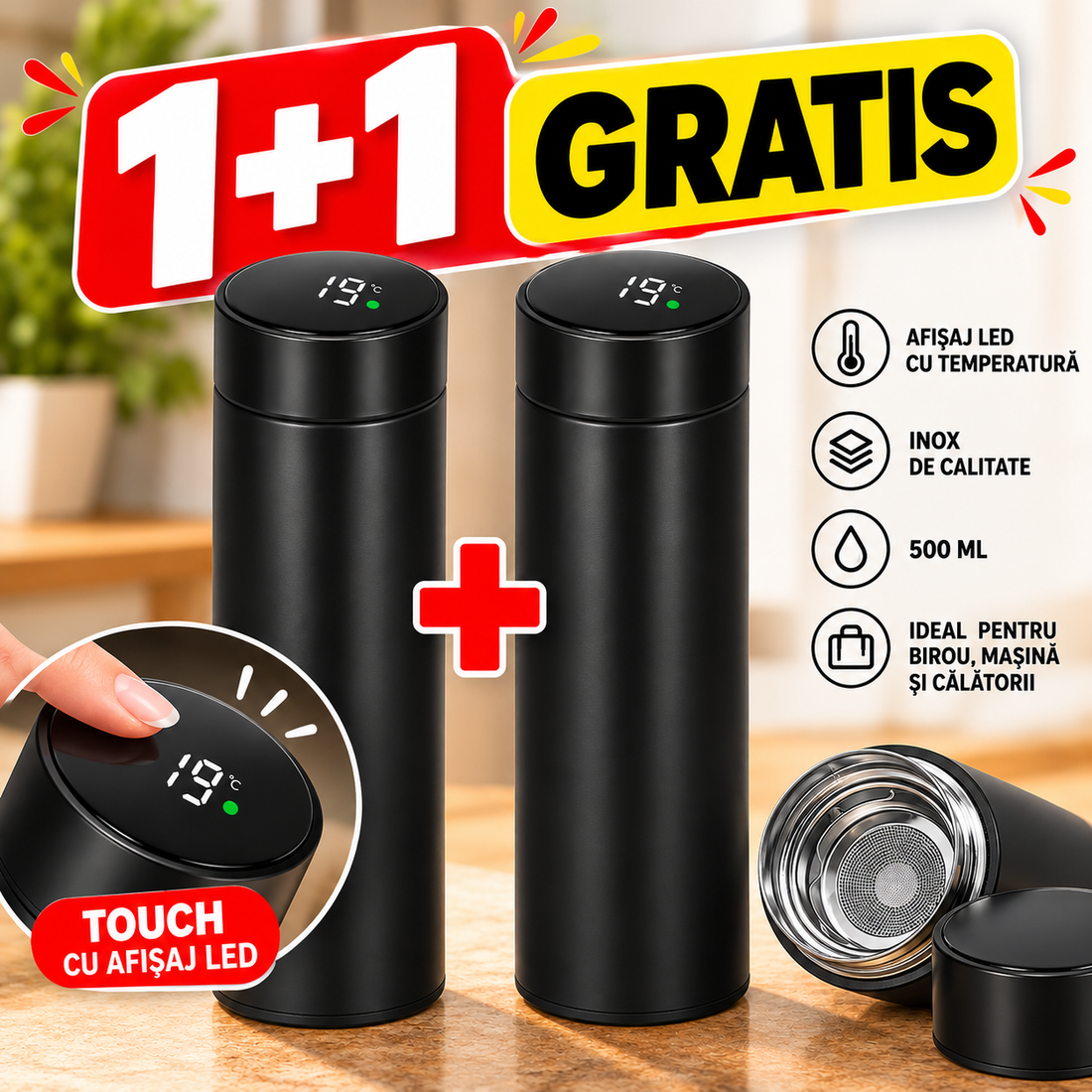 1+1 GRATIS: Termos Inteligent ThermoSense™ 500 ml, Inox, Afișaj LED pentru Temperatură