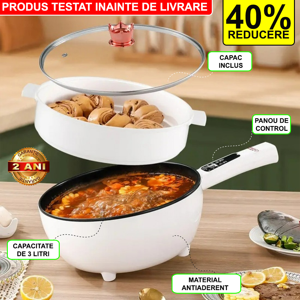 Tigaie Electrica Multifunctionala, 26 Cm, Pentru Gatit Fara Aragaz, Cu Panou De Control Inteligent + Capac