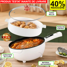 Tigaie Electrica Multifunctionala, 26 Cm, Pentru Gatit Fara Aragaz, Cu Panou De Control Inteligent + Capac