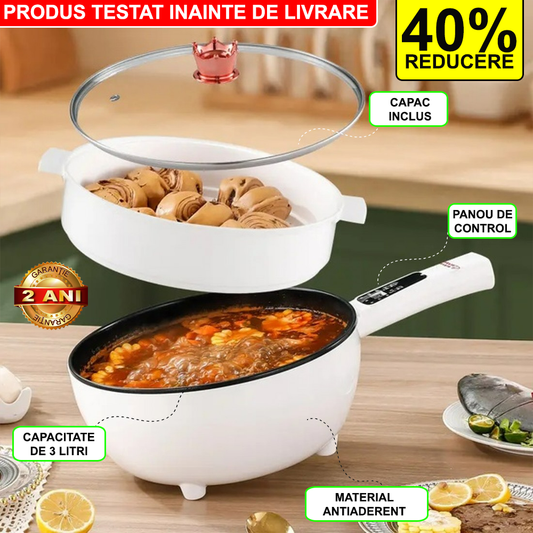 Tigaie Electrica Multifunctionala, 26 Cm, Pentru Gatit Fara Aragaz, Cu Panou De Control Inteligent + Capac