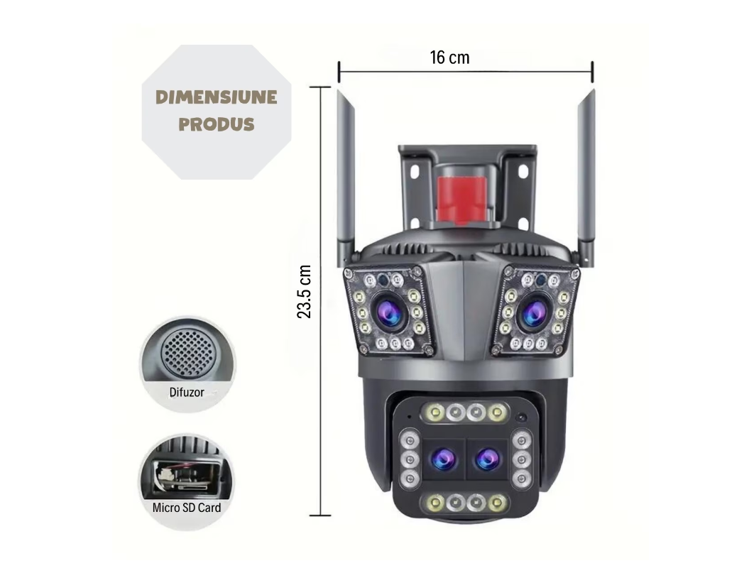 Camera de Supraveghere Tripla, WiFi cu Zoom 2 MP, Ultra HD, pentru Interior/Exterior, Zoom 5X, Functie de Rotire, Lumina LED, Detectare de Miscare