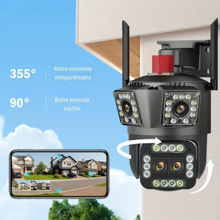 Camera de Supraveghere Tripla, WiFi cu Zoom 2 MP, Ultra HD, pentru Interior/Exterior, Zoom 5X, Functie de Rotire, Lumina LED, Detectare de Miscare