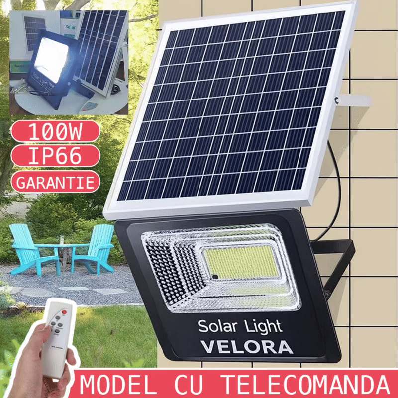 PACHET PROMOTIONAL: Proiector LED Cu Panou Solar VELORA, 100W, Control Prin Telecomanda, Senzor Crepuscular + Accesorii+Lampa Solara 100x Led CADOU