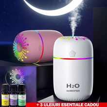 Mini Umidificator Aromaterapie, 3 in 1, Cu Iluminare LED, 7 Culori, 300 ml, 3 Culori+ 3 Uleiuri Esentiale